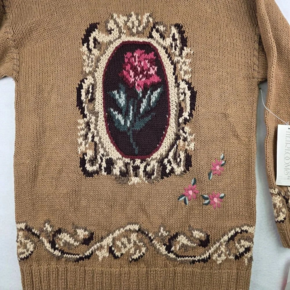 Vintage Heirloom Handknit Sweater XL Tan Deadstock Cottagecore Granny Oversized